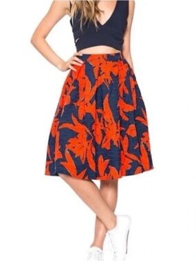 Lucy Paris Navy A-Line Midi Skirt with Bold Orange Floral Print